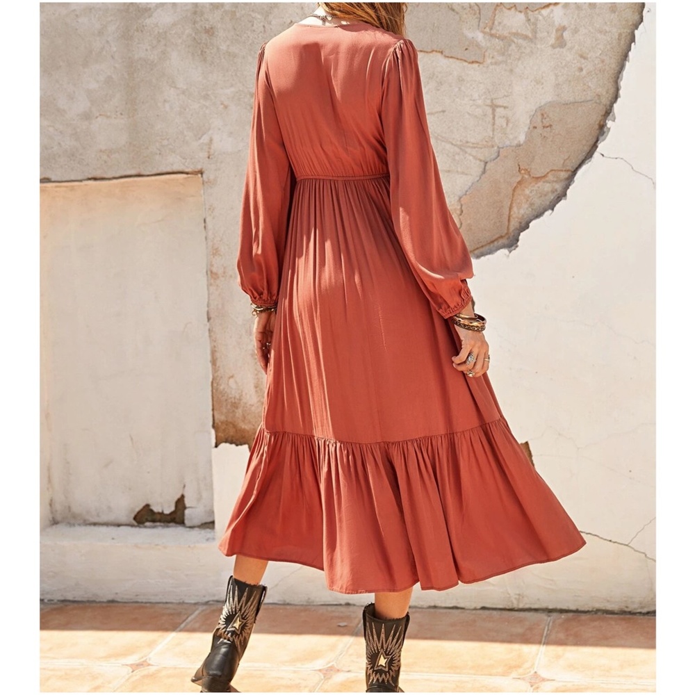 Boho Button Pleated Long Sleeve Maxi Dress - Picture 6 of 6